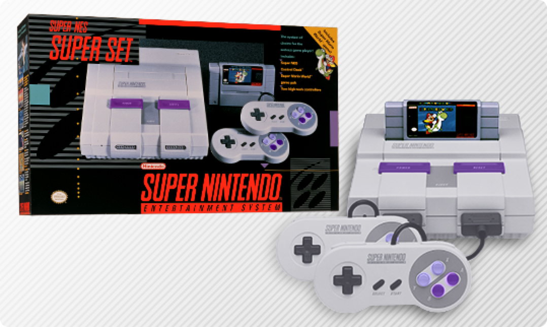 Super Nintendo Entertainment System Super Set original packaging, system, and two controllers.