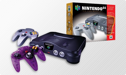 Nintendo 64 system original packaging, system, and two controllers.