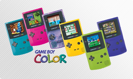 Six Nintendo Game Boy Color handheld systems in variety of colors.