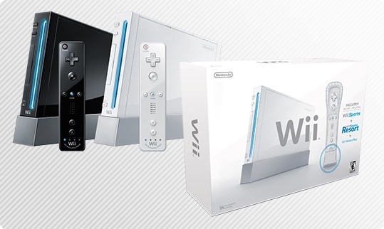 Nintendo Wii home gaming systems in black and white colors with original packaging.