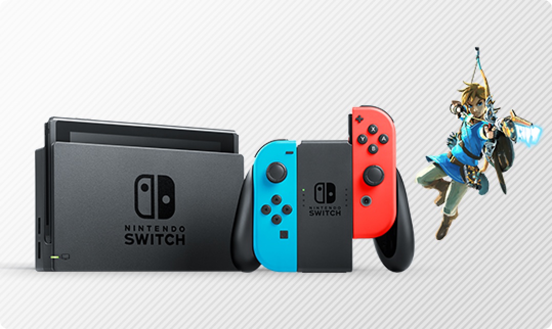 Nintendo Switch system in dock and Joy-Con controllers in Joy-Con Charging Grip accessory, and Link character from the Legend of Zelda: Breath of the Wild game.