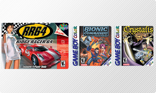 Box cover art for the Ridge Racer 64 game, the Bionic Commando: Elite Forces game, and the  Crystalis game.