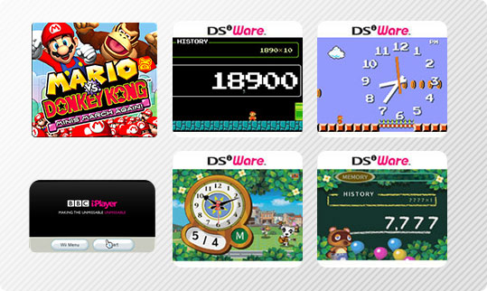 Images of the Mario vs. Donkey Kong: Minis March Again! game, the Mario Clock and Calculator, the Animal Crossing Clock and Calculator, and Video on Demand Framework used for BBC iPlayer.