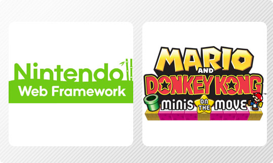 Logos for Nintendo Web Framework and the Mario and Donkey Kong: Minis on the Move game.