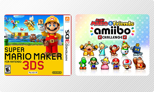 Game box art for the Super Mario Maker game and logo for the Mini Mario & Friends: amiibo Challenge game.